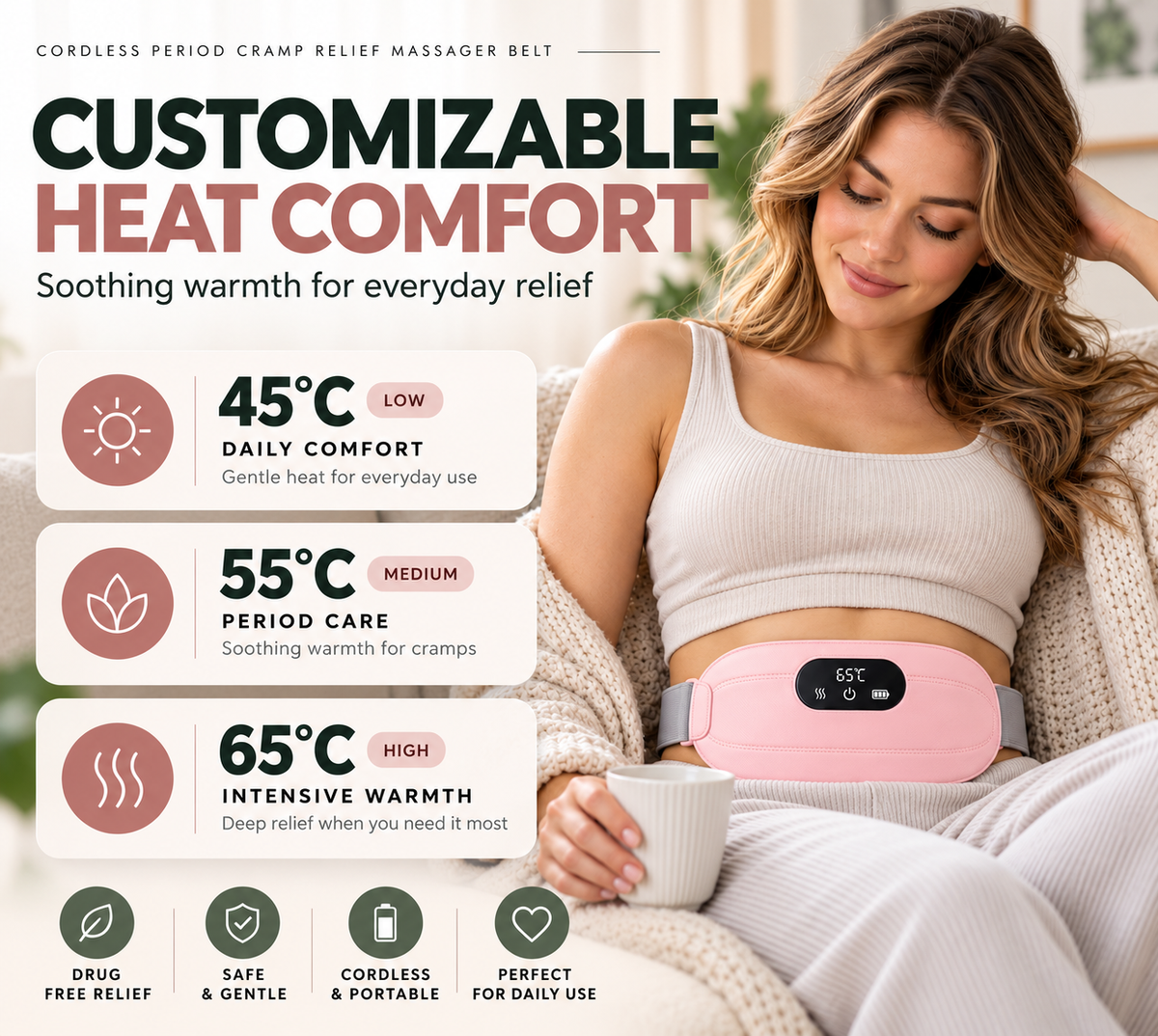 CORDLESS PERIOD CRAMP RELIEF MASSAGER BELT